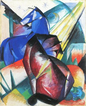 Zwei Pferde rot blau Kunstdruck