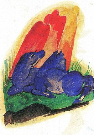 Zwei blaue Pferde vor rotem Fels Kunstdruck