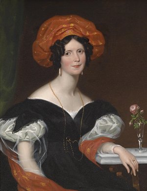 Bildnis einer sitzenden Dame mit rotem Schal Kunstdruck
