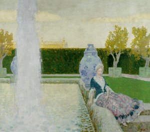 Frau im Park am Brunnen Kunstdruck