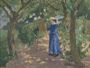 Hermine in blauer Malschürze Kunstdruck