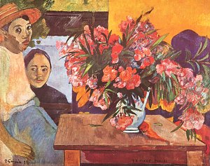 Grosser Blumenstrauss mit tahitischen Kindern Kunstdruck