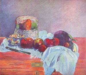 Stillleben mit Fruechten Korb und Messer Kunstdruck