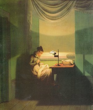 Junge Frau beim Schein einer Lampe nähend Kunstdruck