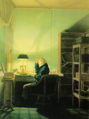 Lesender Mann beim Lampenlicht Kunstdruck