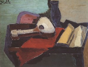 Stillleben mit Gitarre Buch und Vase Kunstdruck