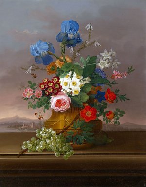 Stillleben mit Frucht und Rosen Kunstdruck