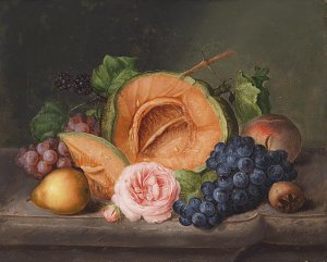 Stillleben mit Kürbis und Rose Kunstdruck