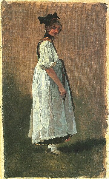 Bauernmaedchen in Sonntagstracht nach rechts stehend