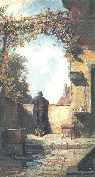 Pfarrer vom Ruecken her gesehen vor einer Mauer stehend Alter Herr auf der Terasse