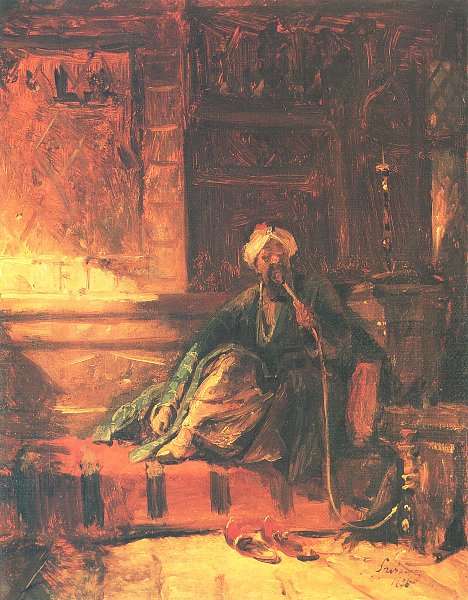 Tschibuk rauchender Orientale auf einem Diwan