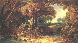 Waldlandschaft mit grossen Laubbaeumen Kunstdruck