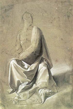 Gewandstudie fuer eine sitzende Figur in Frontalansicht Kunstdruck