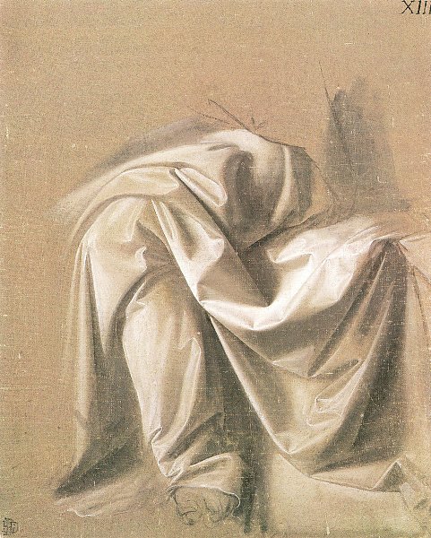 Studie zu einem Gewand ueber dem linken Bein einer sitzenden Figur