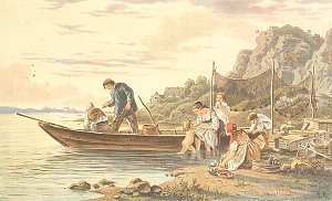 Fischerfamilie an der Elbe bei Seuslitz Kunstdruck