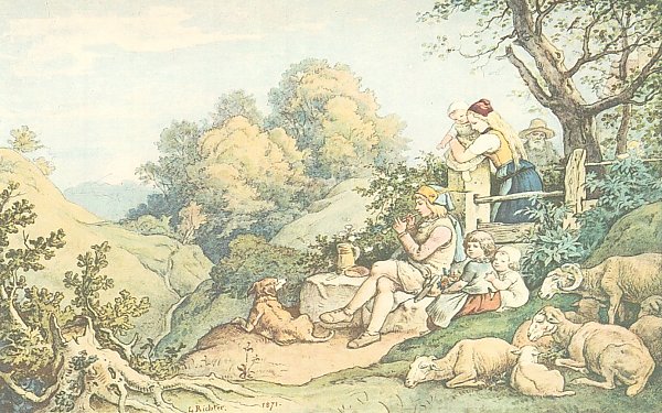 Fruehlingslandschaft mit Hirten Abendfrieden