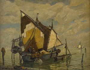 Fischerboot in der Lagune Kunstdruck