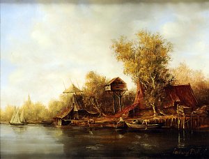 Rustikales Flussdorf Kunstdruck