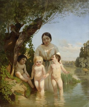 Mutter mit drei Kindern am Fluss Kunstdruck