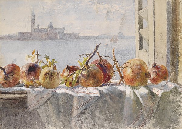 Granatäpfel auf einer Fensterbank dahinter Venedig
