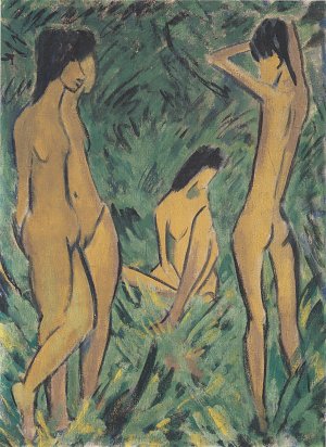 Knabe vor zwei stehenden und einem sitzenden Mädchen Kunstdruck