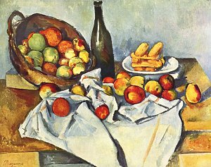 Stillleben mit Flasche und Apfelkorb 1 Kunstdruck