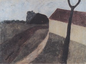 Dämmerungslandschaft mit Haus und Astgabel Kunstdruck