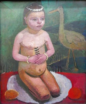 Hockendes Mädchen mit Storch Kunstdruck
