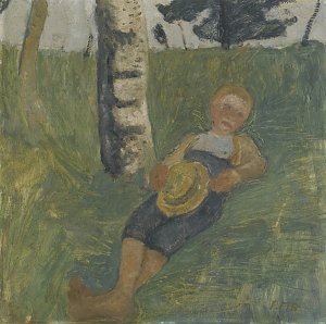 Junge am Birkenstamm im Gras liegend Kunstdruck