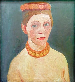 Selbstporträt mit rotem Blumenkranz und Kette Kunstdruck