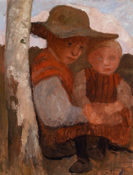 Sitzendes Mädchen mit Strohhut und Kind auf dem Schoß