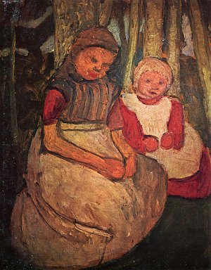 Zwei sitzende Mädchen im Birkenwald Kunstdruck