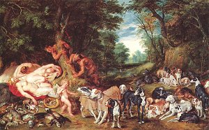 Nymphen Satyrn und Hunde Kunstdruck