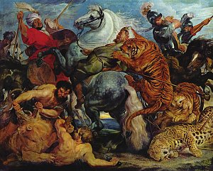 Tiger und Loewenjagd Kunstdruck