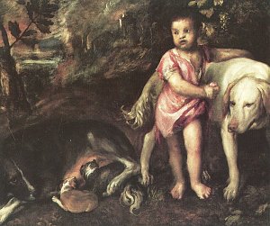 Kleiner Junge mit Hunden Kunstdruck