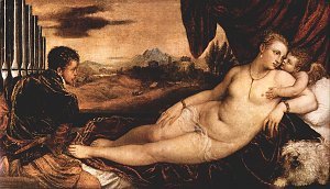 Venus mit Orgelspieler Amor und Hund Kunstdruck