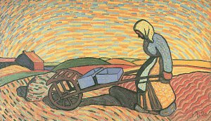 Frau mit brauner Schubkarre Kunstdruck