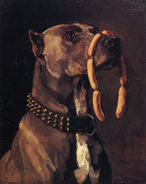 Dogge mit Würsten Kunstdruck