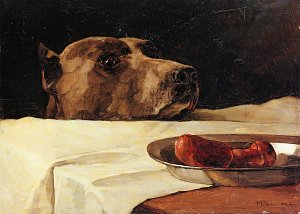 Dogge mit Wurstschüssel Kunstdruck