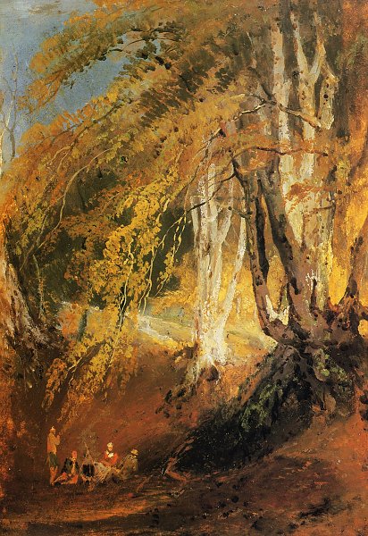 Ein Buchenwald mit Zigeunern um ein Lagerfeuer