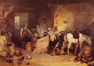 Ein Landschmied streitet ueber den Eisenpreis Kunstdruck