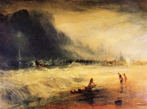 Ein Rettungsboot faehrt zu einem gestrandeten Schiff Kunstdruck