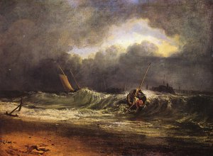 Fischer am windgeschuetzten Ufer im einem Windstoss Kunstdruck