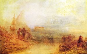 Wracks an der Kueste Sonnenaufgang im Nebel Kunstdruck