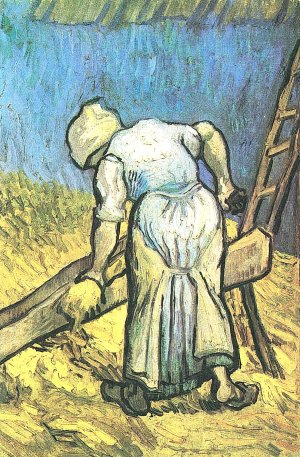 Baeuerin beim Strohschneiden Kunstdruck