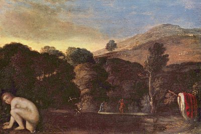 Landschaft mit badender Nymphe von Adam Elsheimer als Kunstdruck auf Leinwand