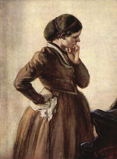 Emilie Menzel am Klavier stehend von Adolf Menzel als Kunstdruck auf Leinwand