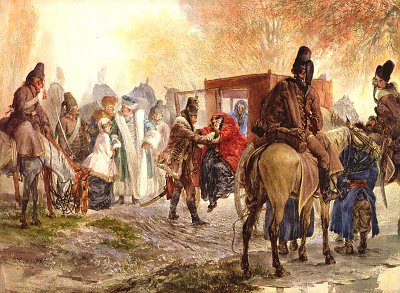 Husaren bringen eine polnische Familie auf von Adolf Menzel als Kunstdruck auf Leinwand
