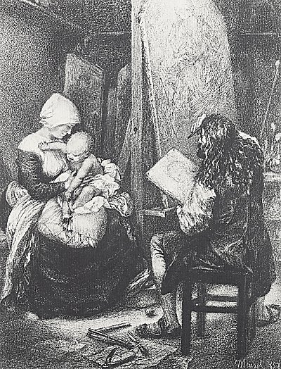 Albrecht Duerer malt im Atelier von Adolf Menzel/Zeichnungen als Kunstdruck auf Leinwand