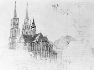 Blick auf die Elisabethkirche in Marburg von Norden von Adolf Menzel/Zeichnungen als Kunstdruck auf Leinwand